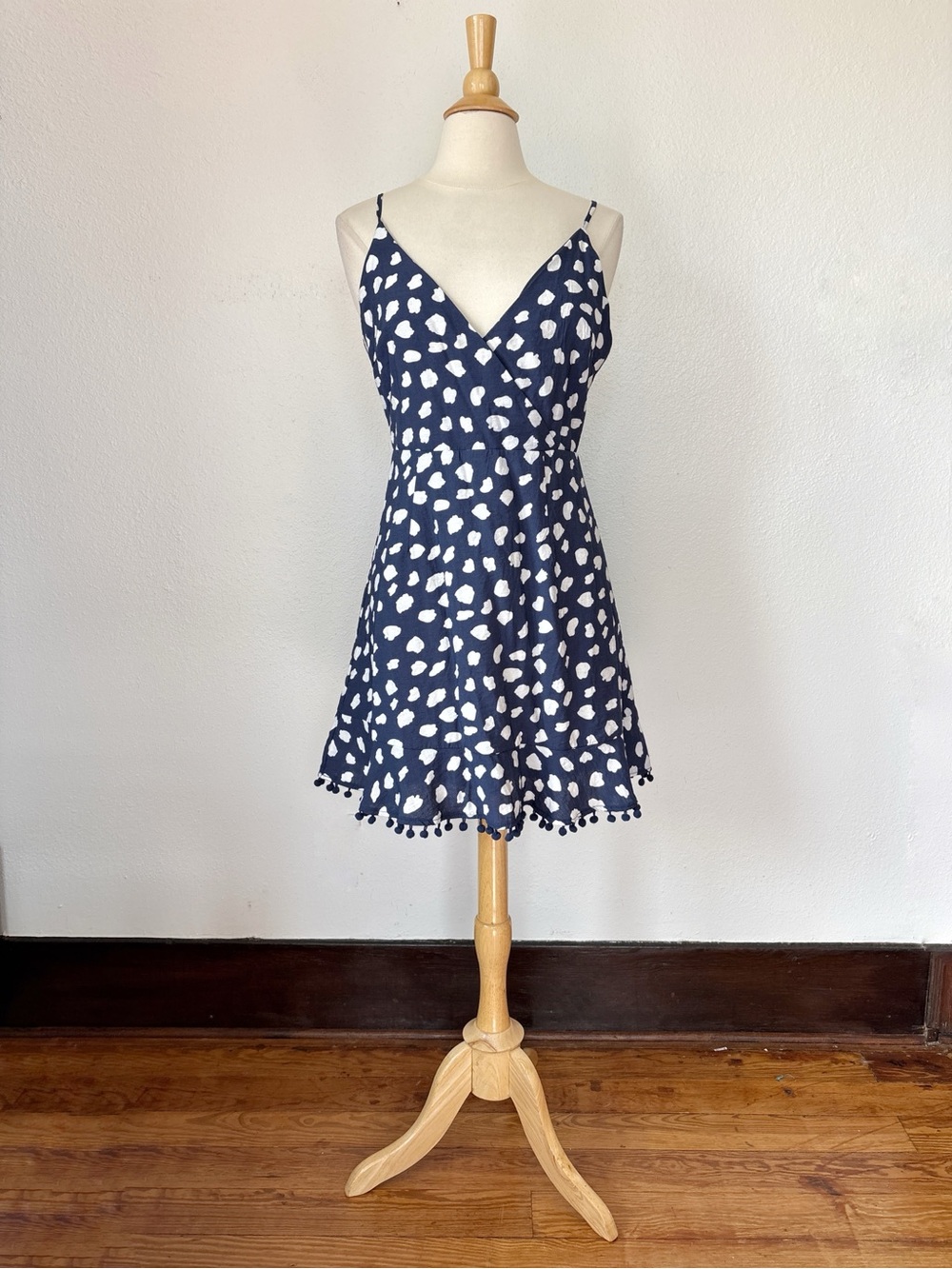 Navy Blue & White Pom Pom Trim V-Neck Sleeveless Dress